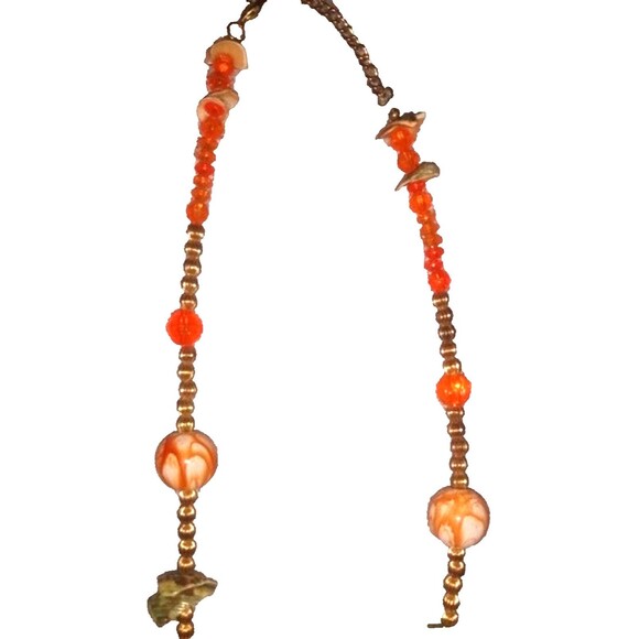 Fashion Costume Necklace Orange Green Gold Beads Shells Jewelry Beachy Artisan - Picture 1 of 5